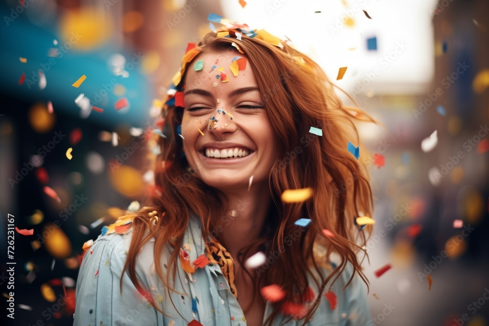 Naklejka premium woman with confetti in her hair, laughing