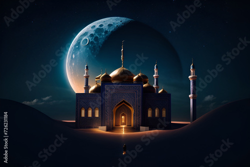 a night scene with a mosque and lanterns © KushbulaDesignMax