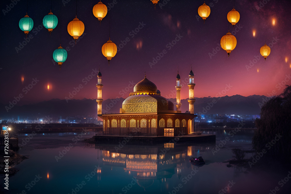a night scene with a mosque and lanterns