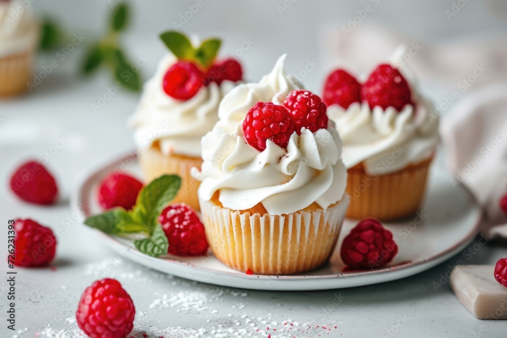 Delicious cupcakes with whipped frosting and raspberries