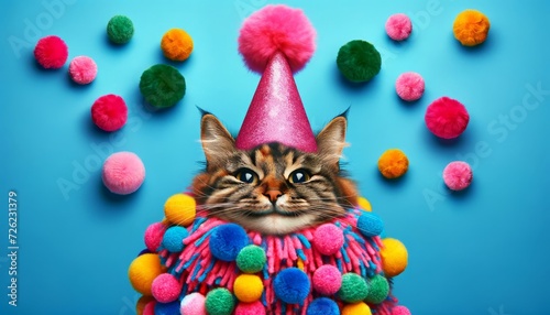 A joyful cat with a humorous expression, wearing a pink party hat adorned with multi-colored pom-poms