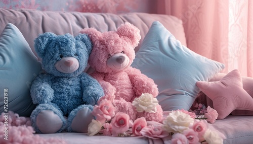 A heartwarming 8k image featuring a pink and blue teddy bear couple sharing a tender moment on a cozy sofa, surrounded by soft pastel pillows