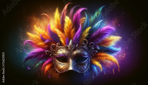 a vibrant masquerade mask adorned with an array of colorful feathers, including hues of blue, purple, green, yellow, and red © Riz