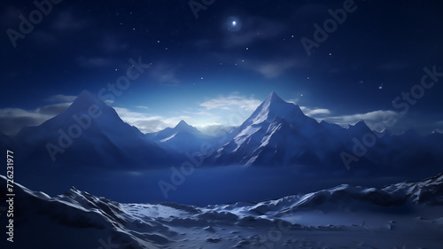 Fantastic Winter Epic Magical Landscape of Mountains. Frozen nature. Glacier in the mountains. Mystic Night Valley