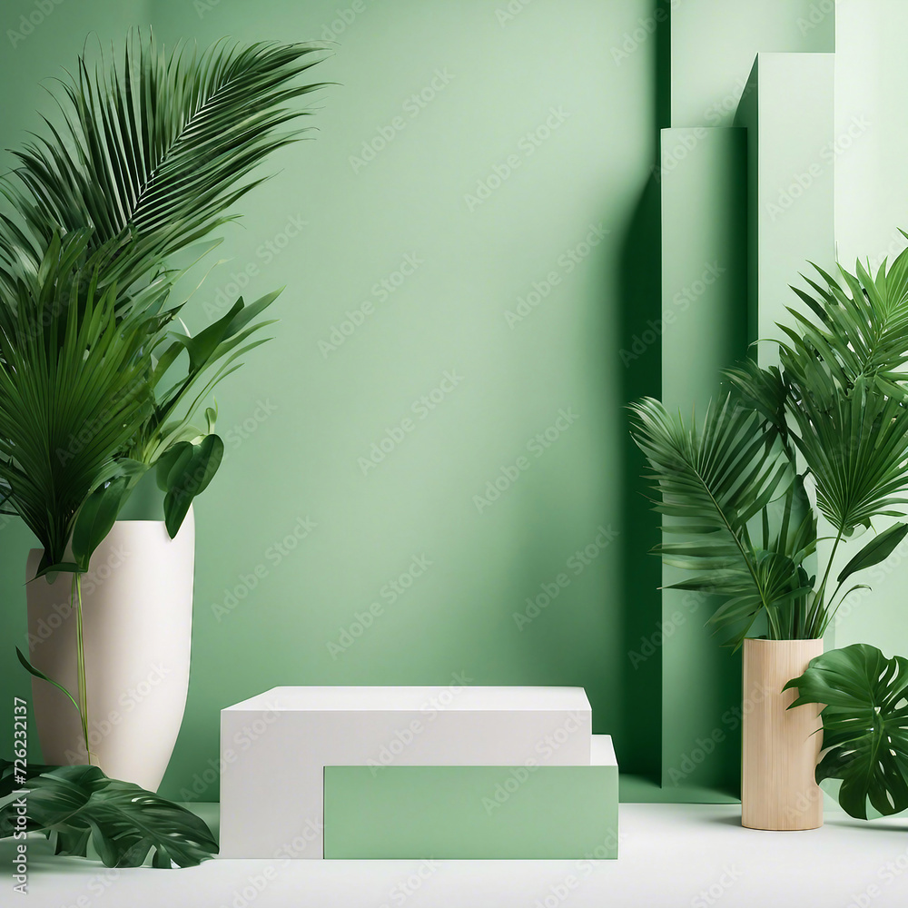 Tropical palm leaves over a white background in a green, contemporary product display with a pale podium Tropical palm leaves over a white background in a green, contemporary product display with a pale podium