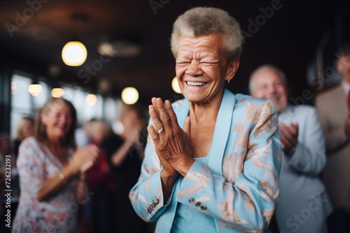 stylish senior in a jumpsuit applauding a club performer photo