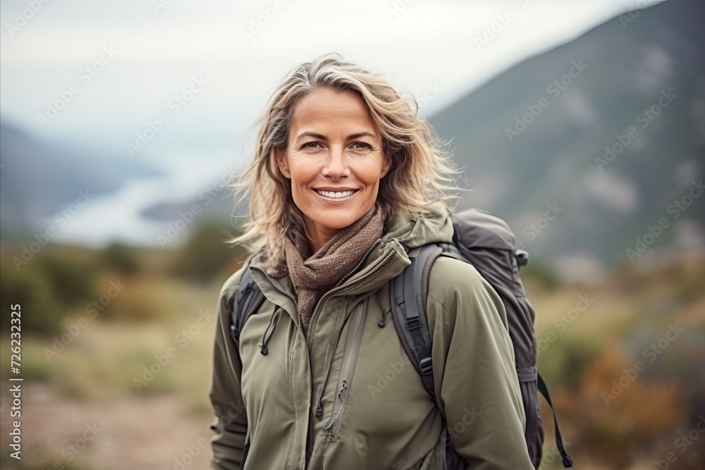 Portrait of a beautiful mature woman hiking in the mountains with a backpack Portrait of a beautiful mature woman hiking in the mountains with a backpack