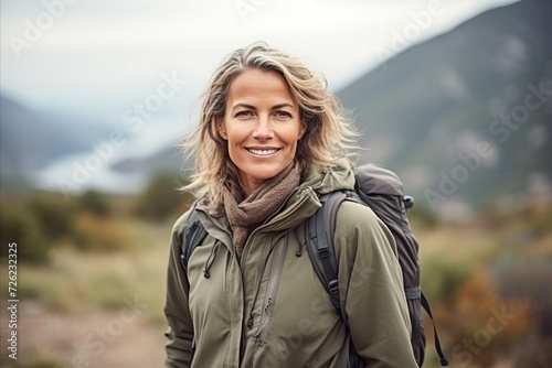 Portrait of a beautiful mature woman hiking in the mountains with a backpack