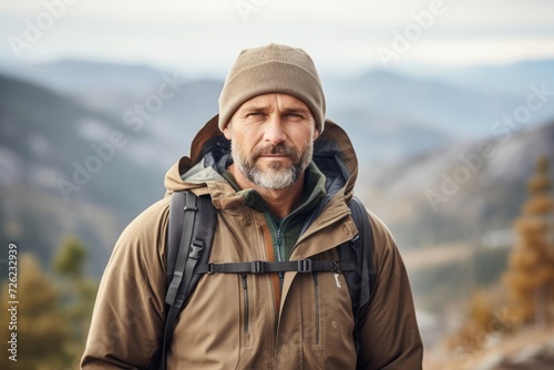 Senior man with a beard in a brown jacket and hat with a backpack on the background of the mountains.