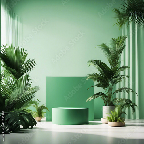 Tropical palm leaves over a white background in a green  contemporary product display with a pale podium