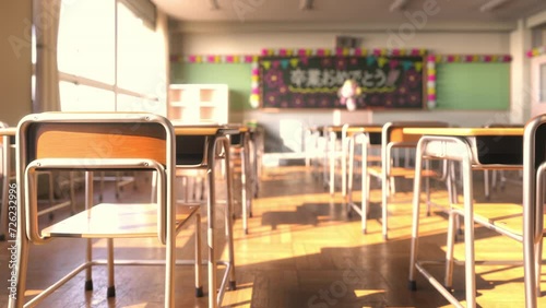 黒板にチョークでメッセージが描かれた卒業式当日の教室 / ドリーショット・プルフォーカス / 卒業と旅立ち・青春とノスタルジーのモーションイメージ / 3Dレンダリング