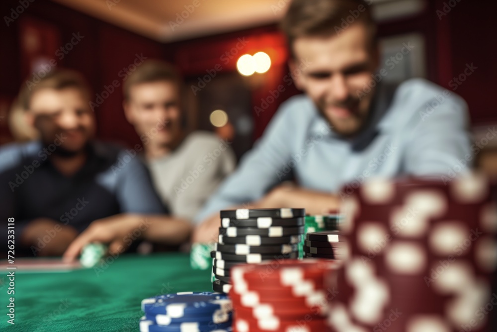 man with friends at a poker table, chips in the foreground