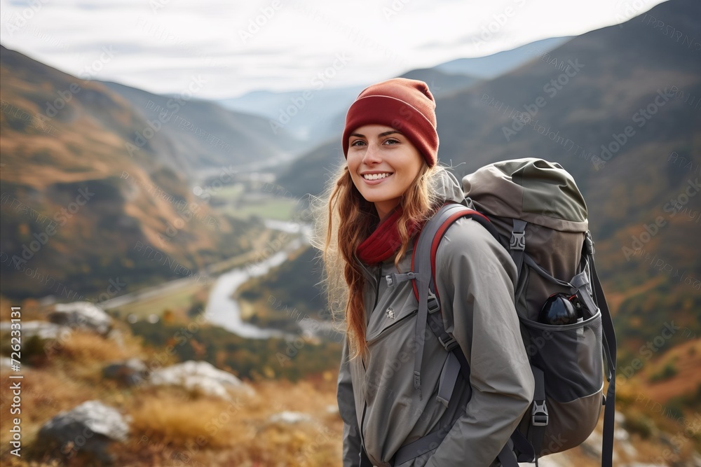 Young woman with backpack hiking in mountains. Travel and adventure concept.