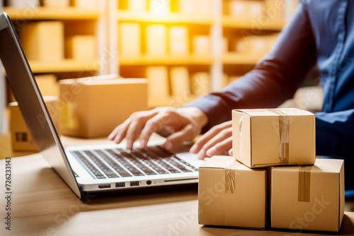 Online Business Owner Preparing Packages for Shipment : Online business entrepreneur preparing small packages for shipment with a laptop in a home office setup.

 photo