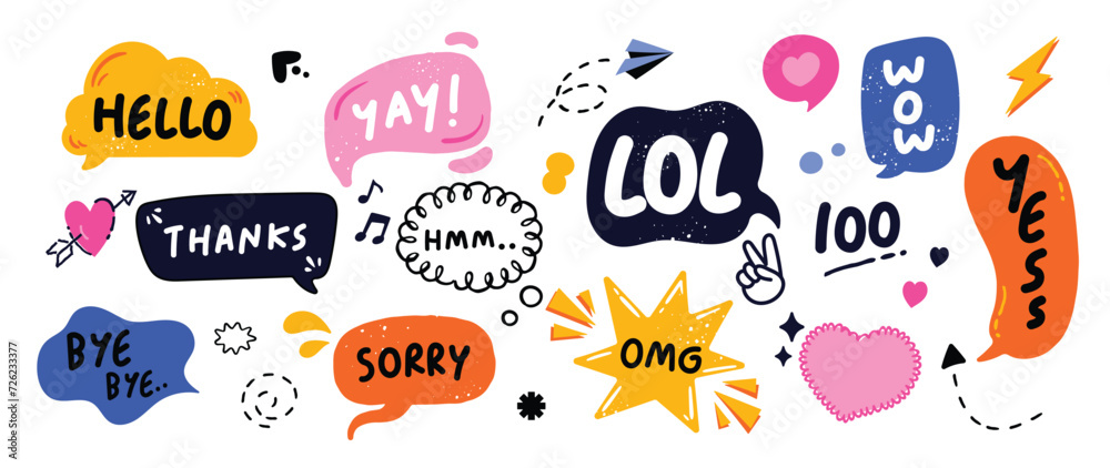 Set of doodle and speech bubble vector. Collection of contemporary figure, speech bubble with text, arrow, heart in funky groovy style. Chat design element perfect for banner, print, sticker. - obrazy, fototapety, plakaty 