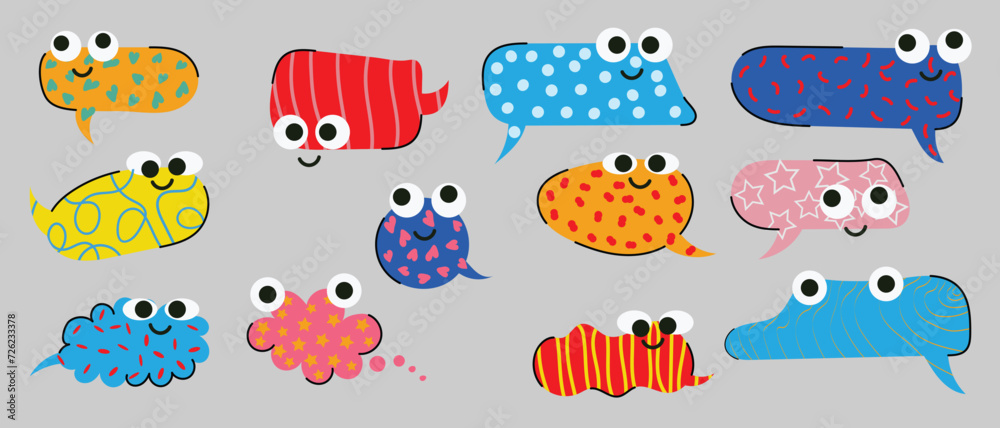 Set of doodle and speech bubble vector. Collection of contemporary figure, speech bubble character different in funky groovy style. Chat design element perfect for banner, print, sticker, sale. Set of doodle and speech bubble vector. Collection of contemporary figure, speech bubble character different in funky groovy style. Chat design element perfect for banner, print, sticker, sale.