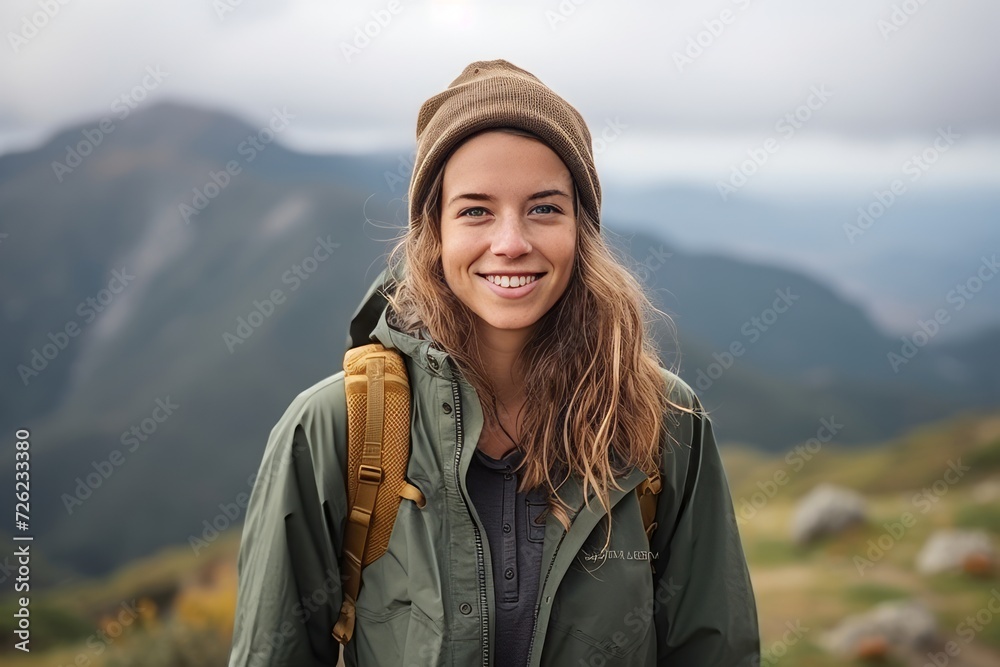 Portrait of a smiling young woman hiker standing in the mountains