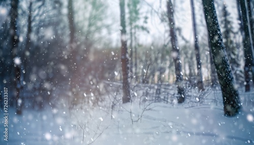 Blurry image of a winter forest, small snowdrifts, and light snowfall © ROKA Creative