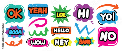Set of doodle and speech bubble vector. Collection of contemporary figure, speech bubble with text, arrow in funky groovy style. Chat design element perfect for banner, print, sticker. photo