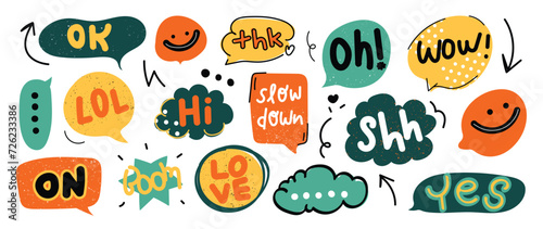Set of doodle and speech bubble vector. Collection of contemporary figure, speech bubble with text, arrow in funky groovy style. Chat design element perfect for banner, print, sticker.