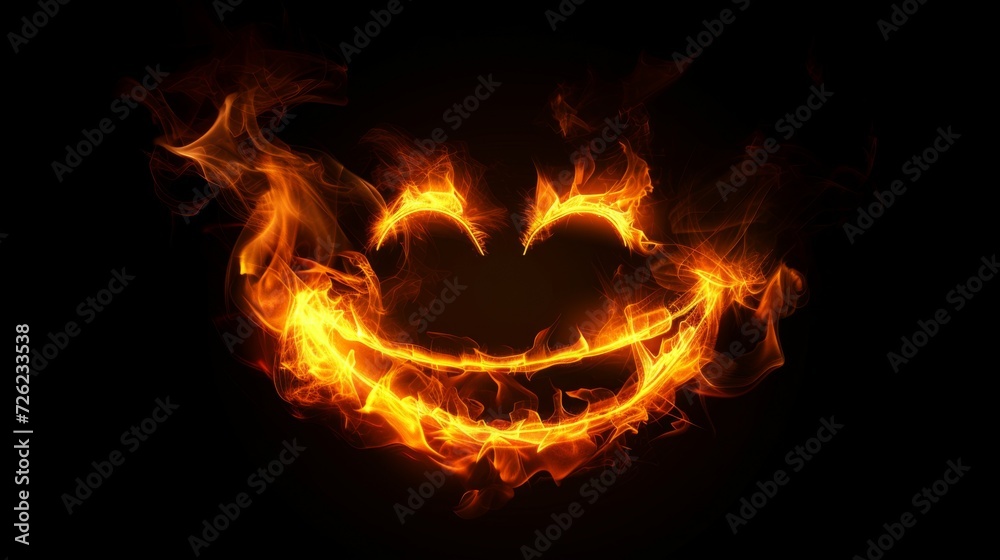 Fototapeta premium Fire in form of smile emoji. Fire flame on black background