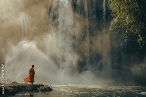 monk beside a waterfall with mist rising from the water photo