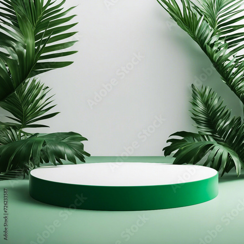 Tropical palm leaves over a white background in a green, contemporary product display with a pale podium