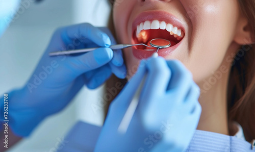 Dentist uses medical equipment to check patient's teeth at clinic 