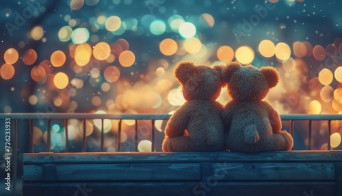 A heartwarming image of a teddy bear pair sitting on a park bench, gazing at the city lights