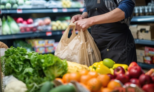 environmentally friendly movement. grocery store cashier packing food into a reusable bag  photo