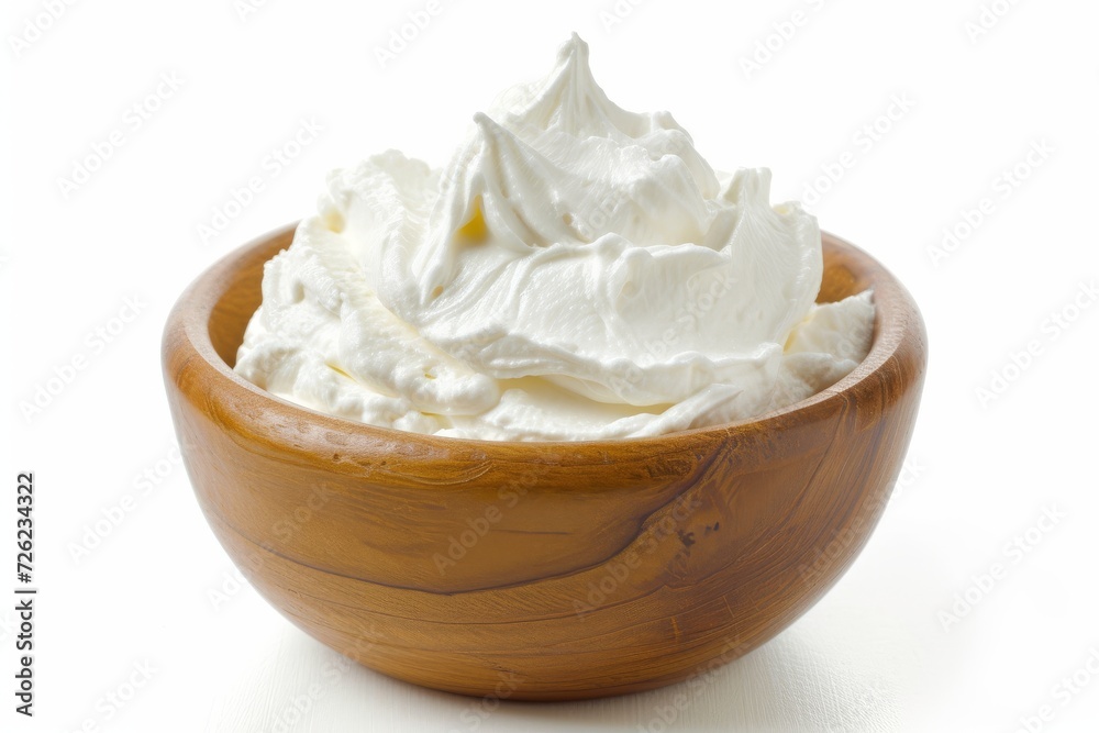 Whipped sour cream or yogurt in a wooden bowl isolated on white background Whipped sour cream or yogurt in a wooden bowl isolated on white background