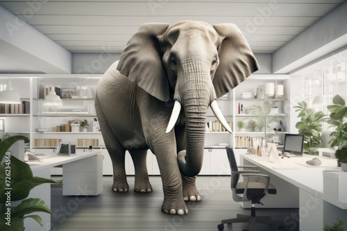 Elephant in the room concept. Huge elephant in a small office room photo