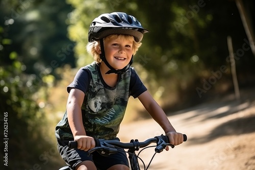 Portrait of happy boy riding bicycle in forest on sunny summer day