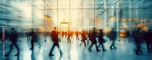 Tela Busy businessmen and businesswomen walking in rush through modern city hall blur