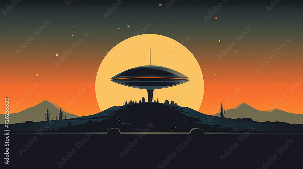 Obraz premium Retrofuturistic advertising poster illustration with vibrant colors
