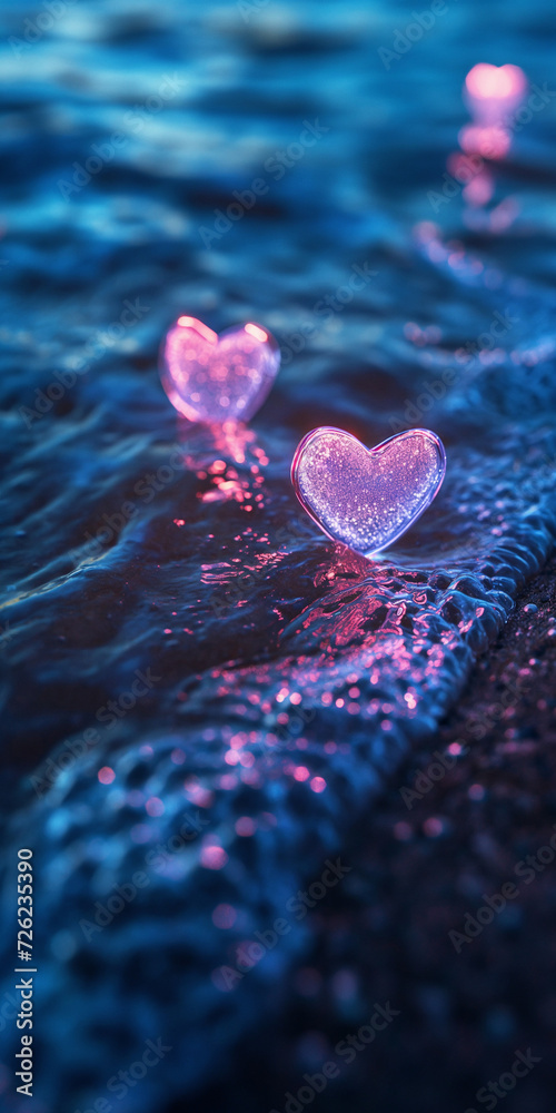 Fototapeta premium Small pink fluorescent translucent hearts with cute smiles and kind eyes jump out of the water and float in the air.