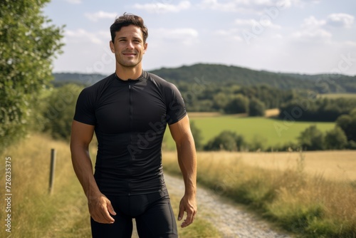 Handsome young man in black sportswear running through countryside