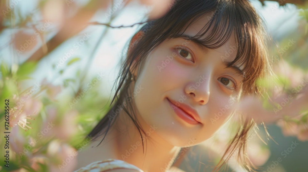 Beautiful young asian woman in the rays of the sun against a background of flowers and greenery. Summer portrait of a girl Beautiful young asian woman in the rays of the sun against a background of flowers and greenery. Summer portrait of a girl