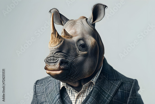 Rhinoceros animal in a business suits at the studio on isolated background. Generative Ai