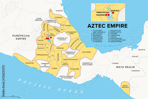 Aztec Empire with tributary provinces, history map. Maximal extent of Triple Alliance Tenochtitlan, Tetzcoco and Tlacopan at the time of Spanish conquest, 1519. With today state and country borders. photo