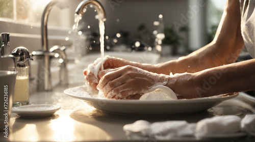 Close up hands of housewife washing dishes in lather in at the kitchen sink photo