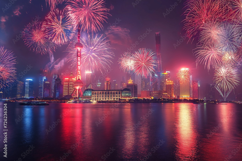 Celebration fireworks and city skyline in china nation. Night cityscape with modern building