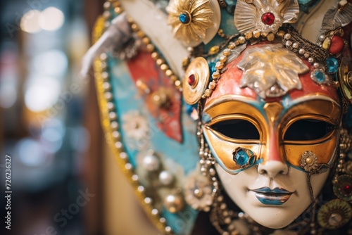 a close up of a venetian mask and other traditional elements
