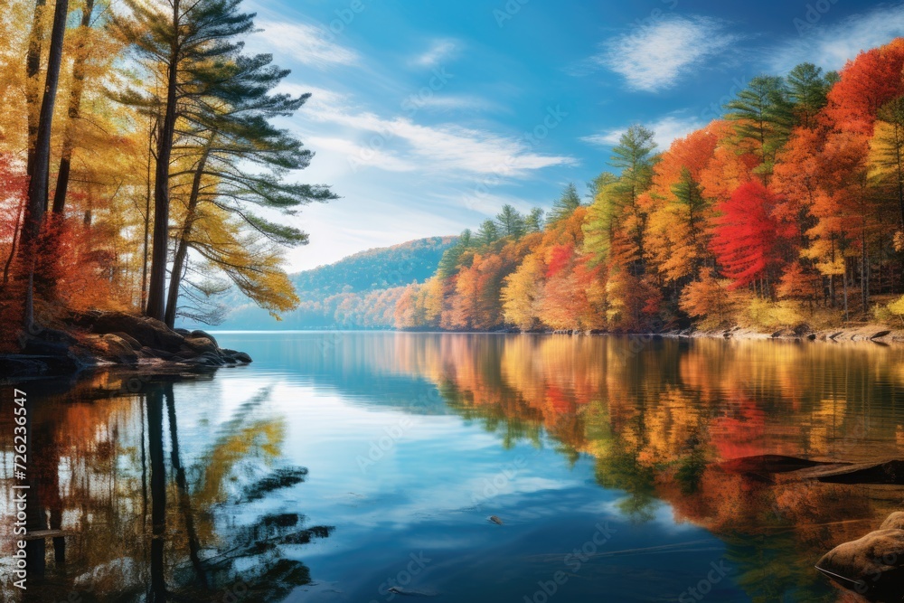 Obraz premium autumn in the forest with clear blue water and hills in background