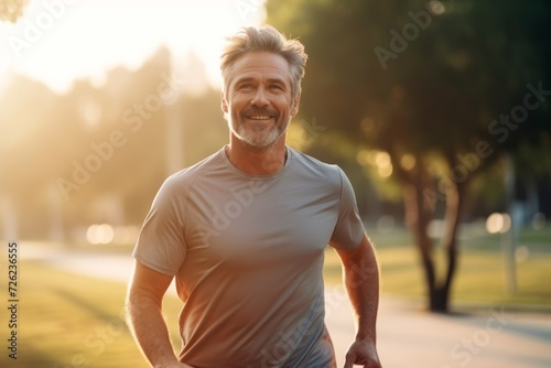 Handsome middle-aged man in sportswear smiling at camera while jogging in the park at sunset
