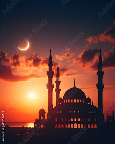 mosque with minaret under the crescent moon and purple red sky, islamic background design
