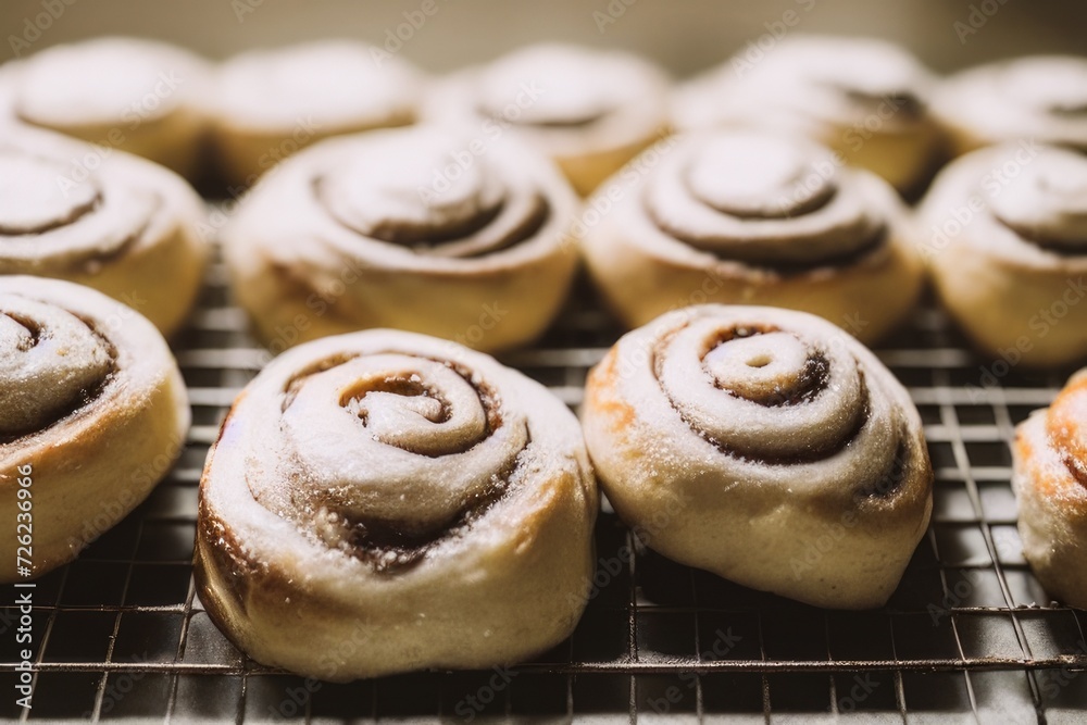 Cinnamon rolls on grated metal baking tray under beautiful soft white sunlight indoors. Cinnamon rolls on grated metal baking tray under beautiful soft white sunlight indoors.