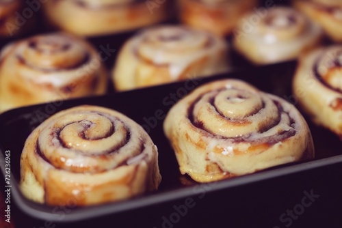 Sweet cinnamon buns with with maple frosting on baking tray.