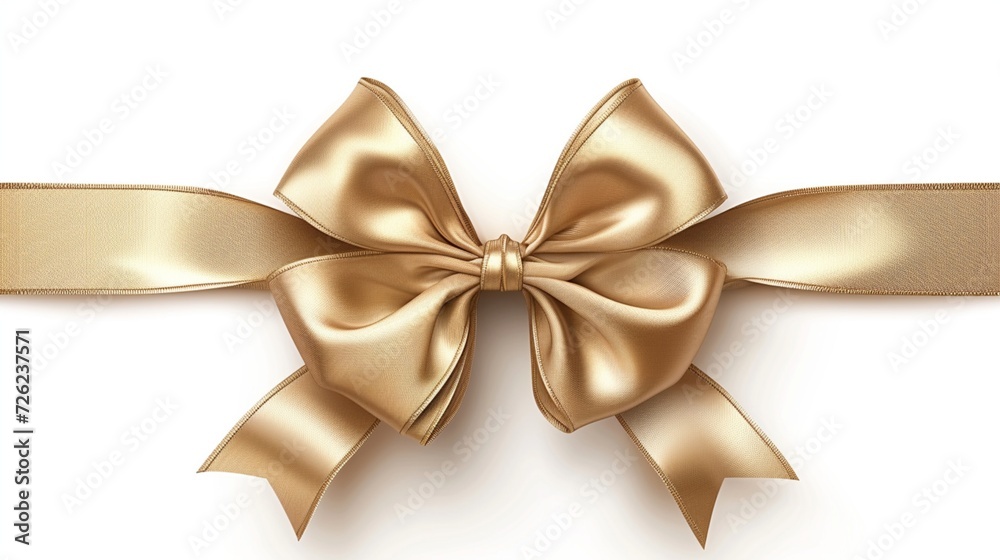 Golden bow adorned with a long ribbon isolated on a white background. Festive ornament. Vector illustration