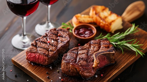 Dinner for two featuring steaks and red wine photo